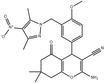 2-amino-4-[3-({4-nitro-3,5-dimethyl-1H-pyrazol-1-yl}methyl)-4-methoxyphenyl]-7,7-dimethyl-5-oxo-5,6,7,8-tetrahydro-4H-chromene-3-carbonitrile 结构式