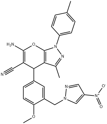 6-amino-4-[3-({4-nitro-1H-pyrazol-1-yl}methyl)-4-methoxyphenyl]-3-methyl-1-(4-methylphenyl)-1,4-dihydropyrano[2,3-c]pyrazole-5-carbonitrile 结构式
