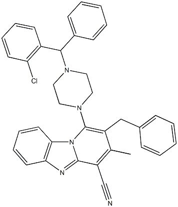 2-benzyl-1-{4-[(2-chlorophenyl)(phenyl)methyl]-1-piperazinyl}-3-methylpyrido[1,2-a]benzimidazole-4-carbonitrile 结构式