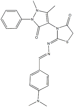 4-(dimethylamino)benzaldehyde [3-(1,5-dimethyl-3-oxo-2-phenyl-2,3-dihydro-1H-pyrazol-4-yl)-4-oxo-1,3-thiazolidin-2-ylidene]hydrazone 结构式