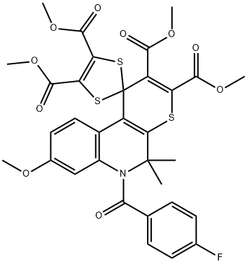 dimethyl 6'-(4-fluorobenzoyl)-8'-methoxy-5',5'-dimethyl-5',6'-dihydrospiro(1,3-dithiole-2,1'-[1'H]-thiopyrano[2,3-c]quinoline)-2',3',4,5-tetracarboxylate 结构式