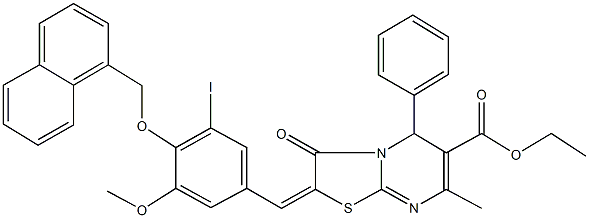 ethyl 2-[3-iodo-5-methoxy-4-(1-naphthylmethoxy)benzylidene]-7-methyl-3-oxo-5-phenyl-2,3-dihydro-5H-[1,3]thiazolo[3,2-a]pyrimidine-6-carboxylate 结构式