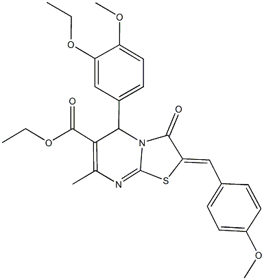 ethyl 5-(3-ethoxy-4-methoxyphenyl)-2-(4-methoxybenzylidene)-7-methyl-3-oxo-2,3-dihydro-5H-[1,3]thiazolo[3,2-a]pyrimidine-6-carboxylate 结构式