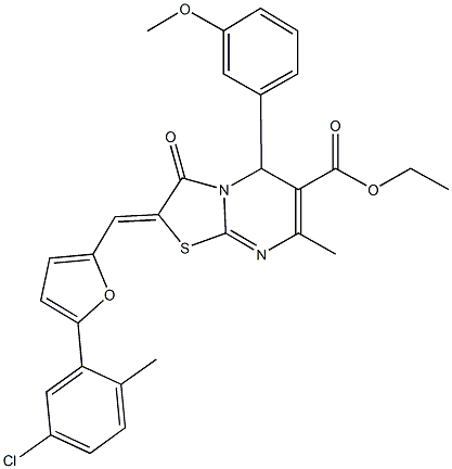 ethyl 2-{[5-(5-chloro-2-methylphenyl)-2-furyl]methylene}-5-(3-methoxyphenyl)-7-methyl-3-oxo-2,3-dihydro-5H-[1,3]thiazolo[3,2-a]pyrimidine-6-carboxylate 结构式