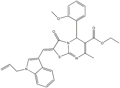 ethyl 2-[(1-allyl-1H-indol-3-yl)methylene]-5-(2-methoxyphenyl)-7-methyl-3-oxo-2,3-dihydro-5H-[1,3]thiazolo[3,2-a]pyrimidine-6-carboxylate 结构式