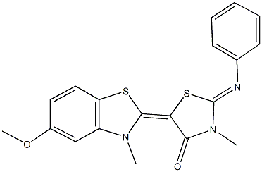 5-(5-methoxy-3-methyl-1,3-benzothiazol-2(3H)-ylidene)-3-methyl-2-(phenylimino)-1,3-thiazolidin-4-one 结构式