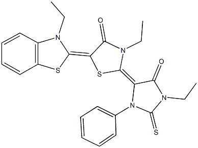3-ethyl-5-(3-ethyl-1,3-benzothiazol-2(3H)-ylidene)-2-(1-ethyl-5-oxo-3-phenyl-2-thioxo-4-imidazolidinylidene)-1,3-thiazolidin-4-one 结构式
