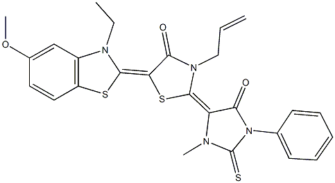 3-allyl-5-(3-ethyl-5-methoxy-1,3-benzothiazol-2(3H)-ylidene)-2-(3-methyl-5-oxo-1-phenyl-2-thioxo-4-imidazolidinylidene)-1,3-thiazolidin-4-one 结构式