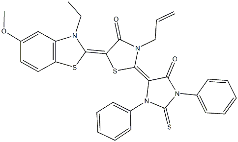 3-allyl-5-(3-ethyl-5-methoxy-1,3-benzothiazol-2(3H)-ylidene)-2-(5-oxo-1,3-diphenyl-2-thioxo-4-imidazolidinylidene)-1,3-thiazolidin-4-one 结构式