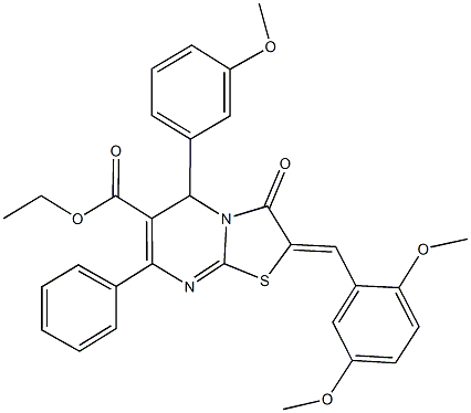 ethyl 2-(2,5-dimethoxybenzylidene)-5-(3-methoxyphenyl)-3-oxo-7-phenyl-2,3-dihydro-5H-[1,3]thiazolo[3,2-a]pyrimidine-6-carboxylate 结构式