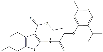 ethyl 2-{[(2-isopropyl-5-methylphenoxy)acetyl]amino}-6-methyl-4,5,6,7-tetrahydro-1-benzothiophene-3-carboxylate 结构式