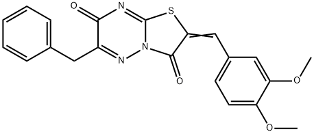 6-benzyl-2-(3,4-dimethoxybenzylidene)-7H-[1,3]thiazolo[3,2-b][1,2,4]triazine-3,7(2H)-dione 结构式