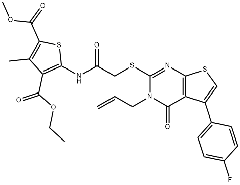 4-ethyl 2-methyl 5-[({[3-allyl-5-(4-fluorophenyl)-4-oxo-3,4-dihydrothieno[2,3-d]pyrimidin-2-yl]sulfanyl}acetyl)amino]-3-methyl-2,4-thiophenedicarboxylate 结构式