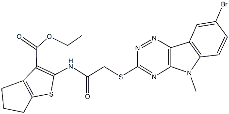 ethyl 2-({[(8-bromo-5-methyl-5H-[1,2,4]triazino[5,6-b]indol-3-yl)sulfanyl]acetyl}amino)-5,6-dihydro-4H-cyclopenta[b]thiophene-3-carboxylate 结构式