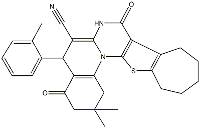 2,2-dimethyl-5-(2-methylphenyl)-4,8-dioxo-1,3,4,5,7,8,10,11,12,13-decahydro-2H,9H-cyclohepta[4',5']thieno[3',2':5,6]pyrimido[1,2-a]quinoline-6-carbonitrile 结构式