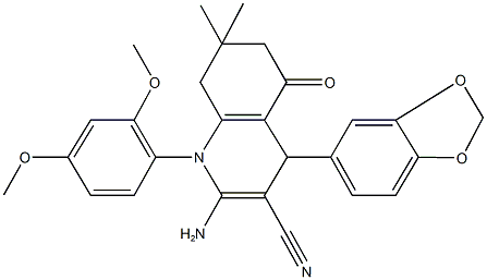 2-amino-4-(1,3-benzodioxol-5-yl)-1-(2,4-dimethoxyphenyl)-7,7-dimethyl-5-oxo-1,4,5,6,7,8-hexahydro-3-quinolinecarbonitrile 结构式