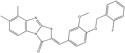 2-{4-[(2-fluorobenzyl)oxy]-3-methoxybenzylidene}-7,8-dimethyl[1,3]thiazolo[3,2-a]benzimidazol-3(2H)-one 结构式