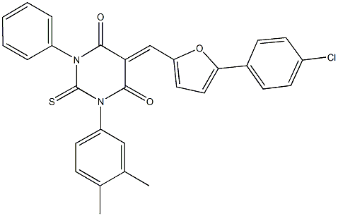 5-{[5-(4-chlorophenyl)-2-furyl]methylene}-1-(3,4-dimethylphenyl)-3-phenyl-2-thioxodihydro-4,6(1H,5H)-pyrimidinedione 结构式
