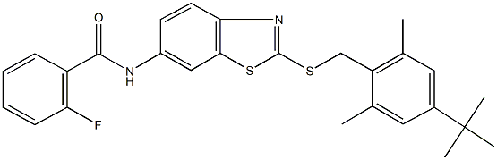 N-{2-[(4-tert-butyl-2,6-dimethylbenzyl)sulfanyl]-1,3-benzothiazol-6-yl}-2-fluorobenzamide 结构式