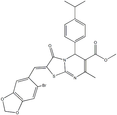 methyl 2-[(6-bromo-1,3-benzodioxol-5-yl)methylene]-5-(4-isopropylphenyl)-7-methyl-3-oxo-2,3-dihydro-5H-[1,3]thiazolo[3,2-a]pyrimidine-6-carboxylate 结构式