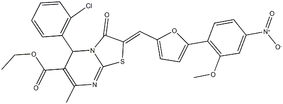 ethyl 5-(2-chlorophenyl)-2-[(5-{4-nitro-2-methoxyphenyl}-2-furyl)methylene]-7-methyl-3-oxo-2,3-dihydro-5H-[1,3]thiazolo[3,2-a]pyrimidine-6-carboxylate 结构式