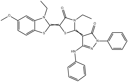 2-(3-anilino-5-oxo-1-phenyl-1,5-dihydro-4H-pyrazol-4-ylidene)-3-ethyl-5-(3-ethyl-5-methoxy-1,3-benzothiazol-2(3H)-ylidene)-1,3-thiazolidin-4-one 结构式