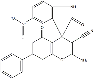 2-amino-3-cyano-2',5-dioxo-1',3',5,6,7,8-hexahydro-5'-nitro-7-phenylspiro[4H-chromene-4,3'-(2'H)-indole] 结构式