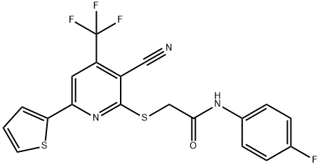 2-{[3-cyano-6-(2-thienyl)-4-(trifluoromethyl)-2-pyridinyl]sulfanyl}-N-(4-fluorophenyl)acetamide 结构式