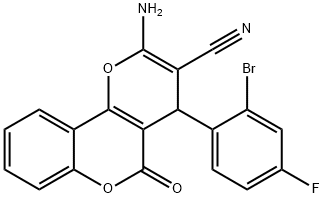 2-amino-4-(2-bromo-4-fluorophenyl)-5-oxo-4H,5H-pyrano[3,2-c]chromene-3-carbonitrile 结构式