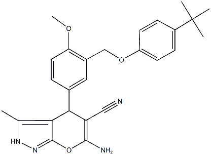 6-amino-4-{3-[(4-tert-butylphenoxy)methyl]-4-methoxyphenyl}-3-methyl-2,4-dihydropyrano[2,3-c]pyrazole-5-carbonitrile 结构式