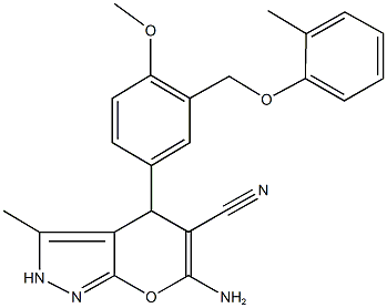 6-amino-4-{4-methoxy-3-[(2-methylphenoxy)methyl]phenyl}-3-methyl-2,4-dihydropyrano[2,3-c]pyrazole-5-carbonitrile 结构式