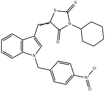 3-cyclohexyl-5-[(1-{4-nitrobenzyl}-1H-indol-3-yl)methylene]-2-thioxo-1,3-thiazolidin-4-one 结构式