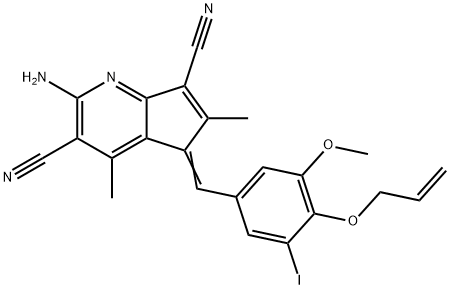 5-[4-(allyloxy)-3-iodo-5-methoxybenzylidene]-2-amino-4,6-dimethyl-5H-cyclopenta[b]pyridine-3,7-dicarbonitrile 结构式