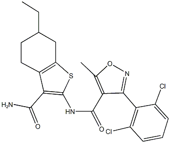 N-[3-(aminocarbonyl)-6-ethyl-4,5,6,7-tetrahydro-1-benzothien-2-yl]-3-(2,6-dichlorophenyl)-5-methyl-4-isoxazolecarboxamide 结构式