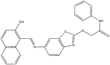 2-[(6-{[(2-hydroxy-1-naphthyl)methylene]amino}-1,3-benzothiazol-2-yl)sulfanyl]-N-phenylacetamide 结构式