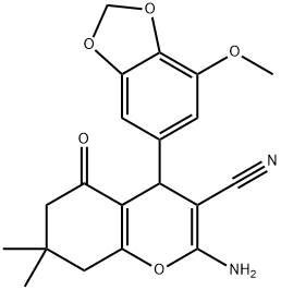 2-amino-4-(7-methoxy-1,3-benzodioxol-5-yl)-7,7-dimethyl-5-oxo-5,6,7,8-tetrahydro-4H-chromene-3-carbonitrile 结构式