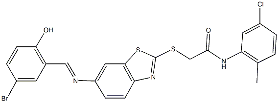 2-({6-[(5-bromo-2-hydroxybenzylidene)amino]-1,3-benzothiazol-2-yl}sulfanyl)-N-(5-chloro-2-methylphenyl)acetamide 结构式