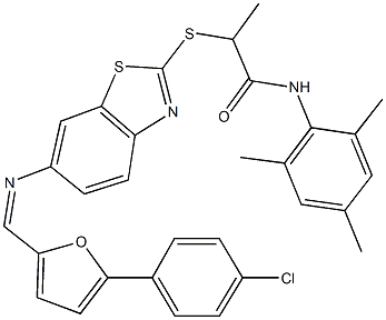 2-{[6-({[5-(4-chlorophenyl)-2-furyl]methylene}amino)-1,3-benzothiazol-2-yl]sulfanyl}-N-mesitylpropanamide 结构式