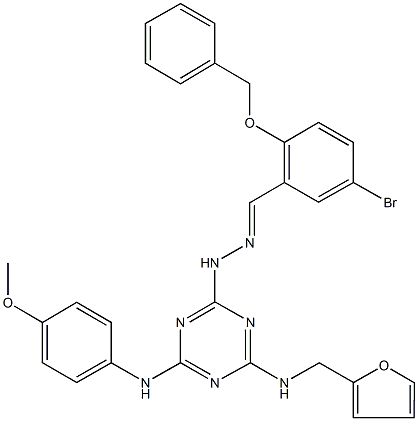 2-(benzyloxy)-5-bromobenzaldehyde [4-[(2-furylmethyl)amino]-6-(4-methoxyanilino)-1,3,5-triazin-2-yl]hydrazone 结构式