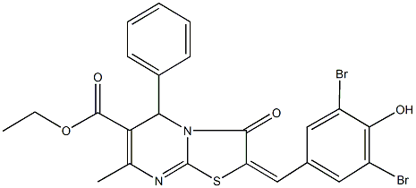 ethyl 2-(3,5-dibromo-4-hydroxybenzylidene)-7-methyl-3-oxo-5-phenyl-2,3-dihydro-5H-[1,3]thiazolo[3,2-a]pyrimidine-6-carboxylate 结构式