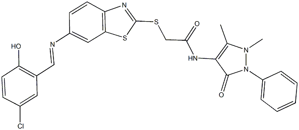 2-({6-[(5-chloro-2-hydroxybenzylidene)amino]-1,3-benzothiazol-2-yl}sulfanyl)-N-(1,5-dimethyl-3-oxo-2-phenyl-2,3-dihydro-1H-pyrazol-4-yl)acetamide 结构式