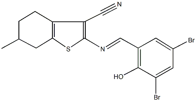 2-[(3,5-dibromo-2-hydroxybenzylidene)amino]-6-methyl-4,5,6,7-tetrahydro-1-benzothiophene-3-carbonitrile 结构式