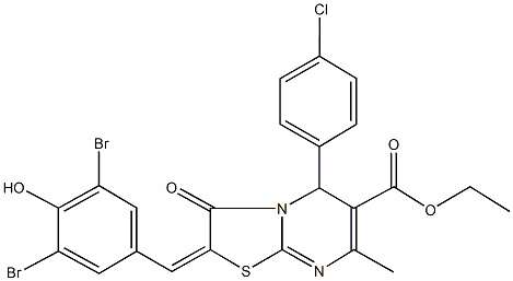 ethyl 5-(4-chlorophenyl)-2-(3,5-dibromo-4-hydroxybenzylidene)-7-methyl-3-oxo-2,3-dihydro-5H-[1,3]thiazolo[3,2-a]pyrimidine-6-carboxylate 结构式