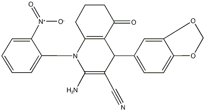 2-amino-4-(1,3-benzodioxol-5-yl)-1-{2-nitrophenyl}-5-oxo-1,4,5,6,7,8-hexahydro-3-quinolinecarbonitrile 结构式