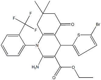ethyl 2-amino-4-(5-bromo-2-thienyl)-7,7-dimethyl-5-oxo-1-[2-(trifluoromethyl)phenyl]-1,4,5,6,7,8-hexahydro-3-quinolinecarboxylate 结构式