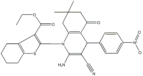 ethyl 2-(2-amino-3-cyano-4-{4-nitrophenyl}-7,7-dimethyl-5-oxo-5,6,7,8-tetrahydro-1(4H)-quinolinyl)-4,5,6,7-tetrahydro-1-benzothiophene-3-carboxylate 结构式