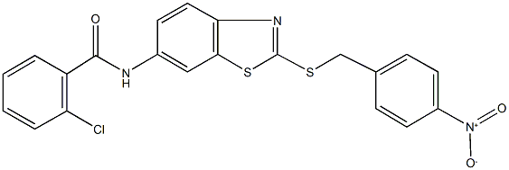 2-chloro-N-[2-({4-nitrobenzyl}sulfanyl)-1,3-benzothiazol-6-yl]benzamide 结构式