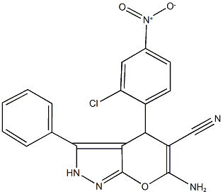 6-amino-4-{2-chloro-4-nitrophenyl}-3-phenyl-2,4-dihydropyrano[2,3-c]pyrazole-5-carbonitrile 结构式