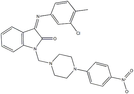 3-[(3-chloro-4-methylphenyl)imino]-1-[(4-{4-nitrophenyl}-1-piperazinyl)methyl]-1,3-dihydro-2H-indol-2-one 结构式