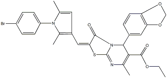 ethyl 5-(1,3-benzodioxol-5-yl)-2-{[1-(4-bromophenyl)-2,5-dimethyl-1H-pyrrol-3-yl]methylene}-7-methyl-3-oxo-2,3-dihydro-5H-[1,3]thiazolo[3,2-a]pyrimidine-6-carboxylate 结构式